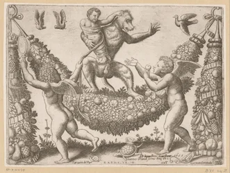 Putti szydzi z małpy Gobeliny Papieża (tytuł serii) Tapezzerie de Papa (tytuł serii na obiekcie)