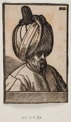 Popiersie brodatego mężczyzny w turbanie, profil 3/4 w prawo