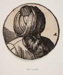 Okrągły medalion z popiersiem brodatego mężczyzny w turbanie, widziany z góry ukośnie, profil 3/4 w prawo