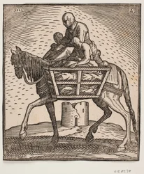 Jeździec z kapturem naciągniętym na twarz; po obu stronach konia skrzynia, w której siedzi osoba; profil licowy v.; pod koniem zrujnowana, cylindryczna wieża