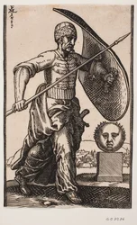 Żołnierz idący w kierunku h.; na v. ramieniu zakrzywiona tarcza, w h. ręce lanca; tj. cokół z łbem kulistym widziany z przodu; w oddali za głową miasto nad wodą