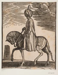 Nieuzbrojony jeździec w turbanie, profil w lewo; przed koniem obelisk w ruinie