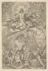 Zmartwychwstanie Chrystusa, otoczone aureolą i chmurami z rzędami uskrzydlonych puttów do..., 1577.