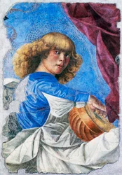 Anioł grający na lutni, 1480, fresk Melozza da Forlì (1438-1494), odłączony fresk z fresku Wniebowstąpienie Chrystusa, Włochy