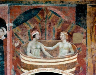 Scena życia małżeńskiego w średniowieczu. Para dokonująca toalety w balii. Fragment. Fresk, początek XIV wieku