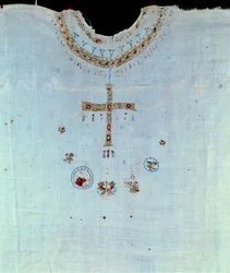 Sztuka Merowingów: strój kapłański św. Bathildy (lub Batilde, Bathylle, Beaudour) (626-680) królowej franków i żony Chlodwiga II, a następnie zakonnic w klasztorze Chelles. Chelle. Muzeum Alfreda Bonno