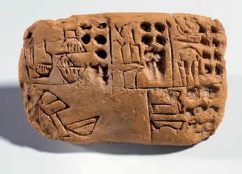 Mezopotamia: surowa tabliczka gliniana z inskrypcją klinową. Region Sumeru. 3300 p.n.e. Paryż, Musée du Louvre