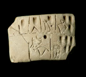 Mezopotamia: gliniana tabliczka z rachunkami zapisanymi pismem klinowym. Ze świątyni Eanny poświęconej bogini Inannie (odpowiednik Isztar u Sumerów) w Uruk. 3200 p.n.e. Wymiary 6,4 x 4,7 cm, Muzeum Irackie, Bagdad