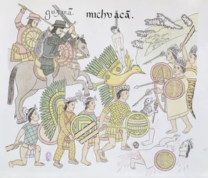 Bitwa o Michoacán między Hiszpanami a Aztekami, ilustracja z faksymile meksykańskiej indiańskiej historii obrazkowej Lienzo de Tlaxcala z około 1550 roku, 1892