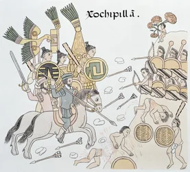 Bitwa pod Xochipilla między Hiszpanami a Aztekami, ilustracja z faksymile meksykańskiej indiańskiej kroniki obrazowej Lienzo de Tlaxcala z ok. 1550 roku, 1892