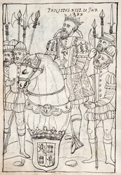 MS Hunter 242 f.249v Filip II siedzący na koniu, ubrany w order Złotego Runa, otoczony zbrojnymi, ilustracja z Historii de Tlaxcala autorstwa Diego Munoza Camargo (pióro i atrament