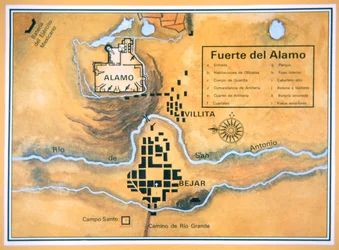 Mapa obszaru Alamo w San Antonio na podstawie oryginalnej mapy pola bitwy Santa Anna