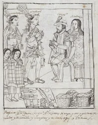 Montezuma spotyka Cortez Panią Hunter 242 f.255r Podbój Meksyku, z Historii de Tlaxcala autorstwa Diego Munoza Camargo