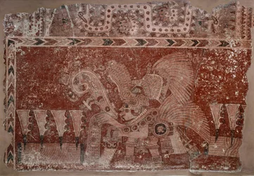 Fragment muralu z elitarnym samcem i liśćmi kaktusa Maguey, styl Teotihuacán, okres klasyczny, 500-550