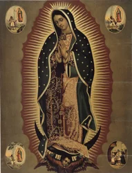 Reprezentacja Matki Boskiej z Guadalupe, patronki Meksyku Druk XX wieku. Ciemny. 51x39 cm Musee de la Vallee, Barcelonnette (Alpes de Haute Provence)
