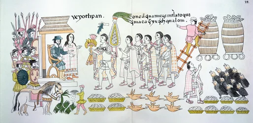 Wódz Tlaxcalan, Maxixcatzin, wręcza Hernando Cortesowi (1485-1547) bukiet róż i inne prezenty na powitanie, ilustracja z faksymile historii obrazów Indian meksykańskich