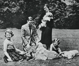 Rodzina królewska jako szczęśliwa grupa miłośników psów, 1937.