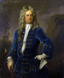 Portret kapitana Roberta Harlanda (ok. 1680-1751), trzymającego w ręku teleskop (długi widok). Olej na płótnie, około 1707-1711 autorstwa Michaela Dahla (1659-1743).
