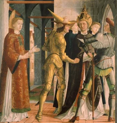 Papież Sykstus II żegnający się ze św. Wawrzyńcem, ok. 1465, Michael Pacher (ok. 1430-1498), panel
