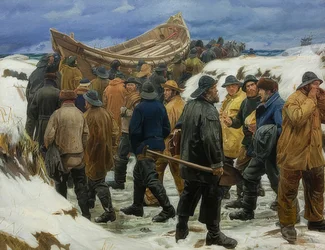 Łódź ratunkowa płynie przez wydmy. 1883