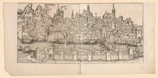 Kronika norymberska: Topographic View of Basele, Szwajcaria, 1493.