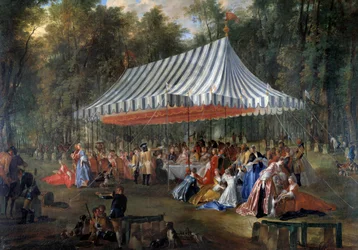 Uroczystość wydana przez Louisa Francois Joseph de Bourbon, księcia Conti, dziedzicznemu księciu Karolowi Guillaume Ferdynandowi z Brunswick Luebourg (1735-1806), pod namiotem, w lesie Cassan, na wyspie Adam w 1766 Bankiet w parku. Obraz Michela Ba
