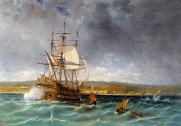 Weteran wchodzący do portu Concarneau Detal. Obraz Michela Bouqueta (1807-1890) Brześć z XIX wieku, Musee des Beaux Arts