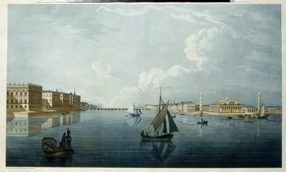 Giełda Papierów Wartościowych i Pałac Marmurowy w Sankt Petersburgu. Opis brzegów Newy. Praca Michela Francois Damama Demartrait (1763-1827), litografia, oprawa