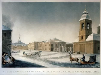 Sankt Petersburg Arsenał i Odlewnia w Litinie (Aleja Odlewni) (Petersburski Arsenał przy Alei Odlewni). Praca Michela Francois Damama Demartrait (1763-1827). Akwarela na papierze, ok. 1820, sztuka francuska. Państwo rosyjskie Mu