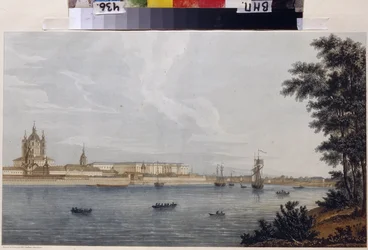 Klasztor Smolny w Sankt Petersburgu. Praca Michela Francois Damama-Demartrait (Damam Demartrait) (1763-1827), grawerowanie i akwarela