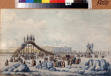 Zjeżdżalnia na Newie w czasie zapustów. Dzieło Michela François Damama Demartraita (1763-1827). Akwarela i tusz na papierze, około 1810, 33 x 54 cm, sztuka francuska, klasycyzm. Muzeum Pamięci A. Puszkina