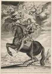 Portret konny Ludwika XIII (Bourbon) (1601-1603) w wieku 33 lat. Pejzaż według Callota
