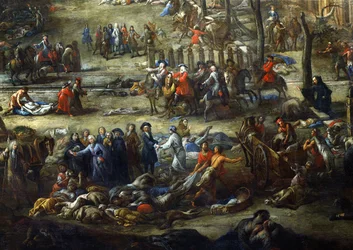 Widok na Cours Belsunce, Marsylia, w czasie zarazy 1720 r., fragment przedstawiający kardynała Belsunce z grupą zwłok ofiar zarazy