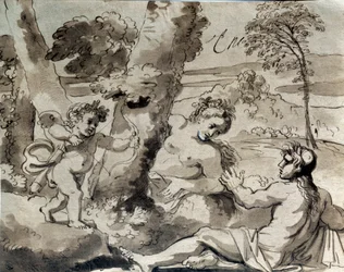 Miłość, pasterz i nimfa. Rysunek Michel Corneille (1642-1708)