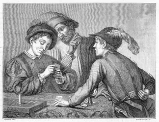 Oszuści. XIX-wieczny rycina przedstawiająca dzieło Caravaggia (il Caravaggio) około 1596 roku.