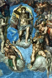 Chrystus, detal z „Sądu Ostatecznego” w Kaplicy Sykstyńskiej, XVI wiek, z autoportretem Michała Anioła jako świętego Bartłomieja trzymającego zdartą skórę