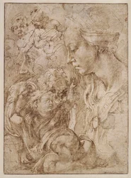 "Studia dla Świętej Rodziny z Janem Chrzcicielem jako Dzieciątkiem" (Studia dla Świętej Rodziny z Janem Chrzcicielem jako Dzieciątkiem) Rysunek Michelangelo Buonarroti (1475-1564) - 1505 - Pióro, pędzel, tusz indyjski na papierze wym. 28, 7x20 .9 cm Staatl