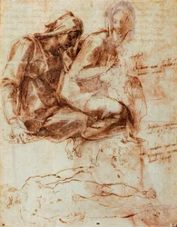 Św. Anna i Madonna z Dzieciątkiem, Michał Anioł (1475-1564), rysunek