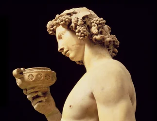 Pijaństwo Bachusa, detal jego głowy, rzeźba Michała Anioła Buonarrotiego, 1475-1564, 1496-97, marmurowy detal z 52672