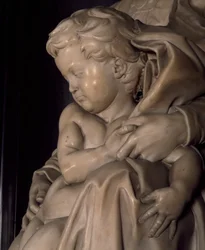 Dzieciątko Jezus, detal z Madonny z Dzieciątkiem, autorstwa Michała Anioła (1475-1564), kościół Notre-Dame w Brugii, Belgia