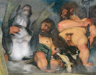 Alegoria żywiołów, wszechświata i znaków zodiaku, detal z Neptunem i Trytonem oraz Cerberem, trójgłowym psem, 1597, detal 107109