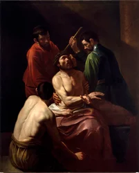 Ukoronowanie cierniem, obraz Michelangela Merisiego, zwanego Caravaggiem lub il Caravaggio (1571-1610) (niedawno przypisany). Wymiary: 203 x 166 cm. Genua, Chiesa di San Bartolomeo della Certosa