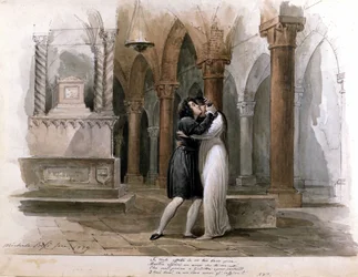 I Capuleti e i Montecchi (Les Capulet et les Montaigu) Vincenza Belliniego, spektakl w Teatrze Fenice w Wenecji. Giuditta Pasta i Giulia Grisi w wykonaniu Romea i Julii. Akwarela autorstwa Michele Bisi