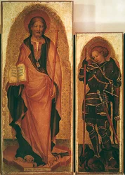Święty Jakub ze świętymi, fragment św. Jakuba i św. Michała Archanioła, ok. 1450 (tempera na desce ze złotem) (detal z 256989)