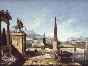 Capriccio klasycznych zabytków, obelisk z żołnierzami przy basenie i za górami (olej na płótnie)