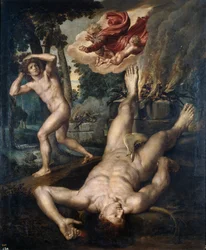 La mort de Abel - Śmierć Abla - Peinture de Michiel Coxcie (Coxie, Coxien, De Coxien, De Coxcie, Coxius, Van Coxcie) (1499-1592), po 1539 - Olej na drewnie