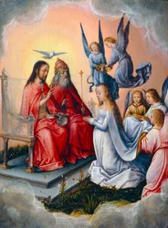 Koronacja Matki Boskiej przez aniołów w obecności Trójcy Świętej. Namalowany w Hiszpanii ...