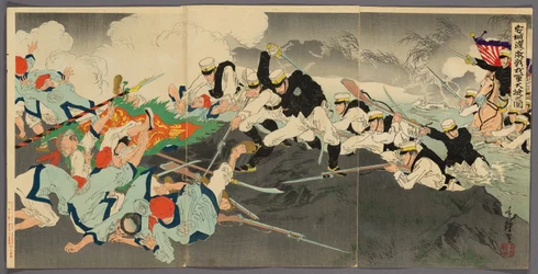 Wielkie zwycięstwo naszych oddziałów w zaciętej bitwie o Ansong Ford (Anjo no watashi waga gun taisho no zu)