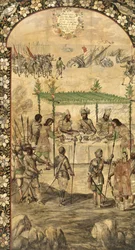Nakazuje zniszczenie statków i spotyka się z ambasadorami Montezumy (Moctezuma, Moteuczoma, Motecuhzoma) (1466-1520) w 1520 r. - Podbój Meksyku przez Hernana Cortesa par Gonzaleza, Miguela i Juana (aktywny koniec XVII w.). Olej na drewnie, rozmiar :