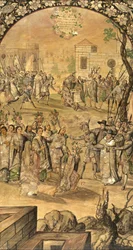 Podbój Meksyku Hernana Cortesa par Gonzaleza, Miguela i Juana (czynny koniec XVII w.). Olej na drewnie, rozmiar : 97x53